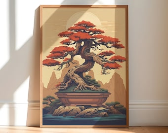 Bonsai Art Print | Bonsai Poster | Zen Garden Art | Ukiyo-e Style | Nature Art | Japanese Decor | Living Room Wall Art | Tranquil Scene