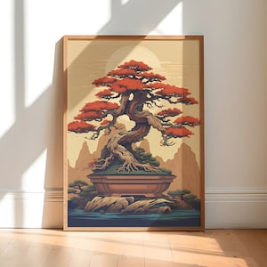 Bonsai Art Print | Bonsai Poster | Zen Garden Art | Ukiyo-e Style | Nature Art | Japanese Decor | Living Room Wall Art | Tranquil Scene