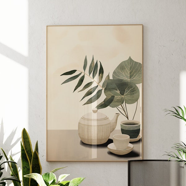 Digital ZZ Plant Print Download | Sage Green Wall Art with Japanese Tea Set | Japandi Decor Botanical Wall Art | Modern Home Living Room Art