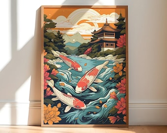 Impresión artística de pez koi japonés: Escena de estanque sereno Descarga digital