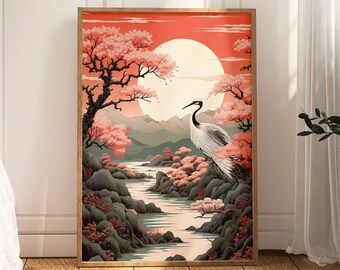 Japanese Crane Art | Ukiyo-e Style Haiku Inspiration | Crane Art Print | Japanese Interior | Cherry Blossom Art | Traditional Nature Scene