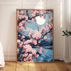 Sakura Blossom Art | Close-up Sakura Branch Illustration | Full Moon Print | Japanese Art Print | Cherry Blossom Tree | Gift for Her