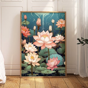 Lotus Flower Wall Art Print | Japanese Lotus Art Illustration | Lotus Wall Art | Lotus Flower Print | Tranquil Pond Scene | Nature Art