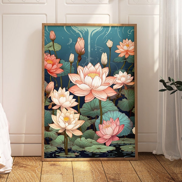 Impression d’art mural de fleur de lotus | Illustration japonaise d’art de lotus | Art mural Lotus | Impression de fleur de lotus | Scène d’étang tranquille | Art naturel