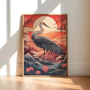 Japanese Crane Digital Download Art Print | Ukiyo-e Inspired Illustration | Vibrant Red Landscape | Crane Wall Art
