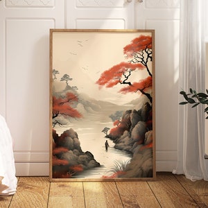 Japoński tusz cyfrowy do pobrania sztuki | Scena haiku inspirowana ukiyo-e | Minimalistyczny czerwony strumień sakury | Japońska sztuka ścienna