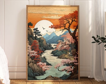 Japanese Garden Art Print: Warm Ukiyo-e Style - Digital Download