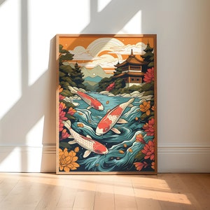 Pobierz cyfrową grafikę Koi Fish | Wydruk artystyczny Japanese Koi Fish | Staw z rybami Koi | Japoński staw z rybami Koi | Duża sztuka ścienna