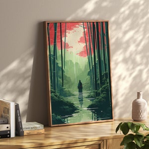 Pobierz cyfrową sztukę bambusa | Inspirowane ukiyo-e | Spokojny las bambusowy | Zielona sztuka | Dekoracja ścienna z naturą