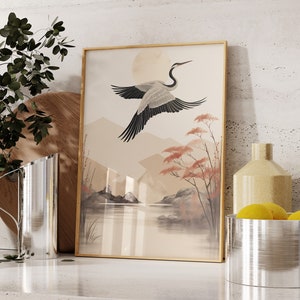 Japanese Crane Art Print | Japanese Garden | Japanese Poster Print | Japandi Wall Art | Neutral Decor | Nature Art | Living Room Wall Art
