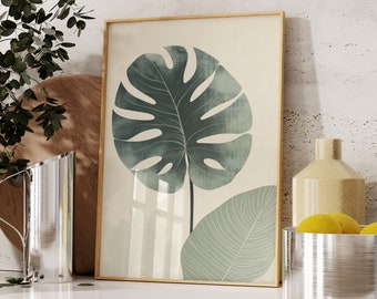 Monstera Leaf Wall Art | Monstera Art Print | Monstera Line Art | Sage Green Print | Japanese Ink Art | Japandi Decor | Botanical Wall Art