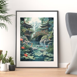 Japońskie Koi Pond Digital Print, Tradycyjna sztuka ogrodowa, Dekoracja ścienna Japandi, Sztuka ścienna natury, Wydruk ogrodu zen, Drukowana sztuka ścienna