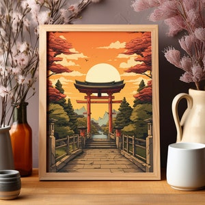 Tori Gate Print | Ukiyo-e Style | Shinto Art | Spiritual Journey | Warm Orange Sky | Sacred Pathway | Japanese Wall Decor