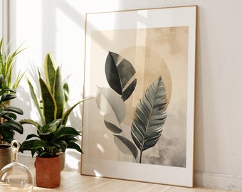 Rubber Plant, Feather & ZZ Leaf Art, Japandi Illustration, Japanese Ink Painting, Nature Decor, Modern Wall Art