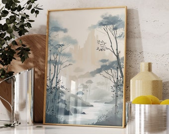 Bamboo Art Print | Japanese Garden Art | Muted Blue Decor | Japandi Wall Art | Zen Garden | Nature Wall Art | Modern Home Decor | Calm Art