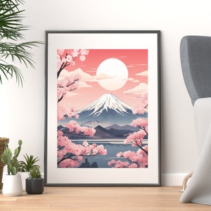 Descarga digital de arte de flor de cerezo y monte Fuji, decoración japonesa, arte de pared japonés, decoración del hogar inspirada en la naturaleza
