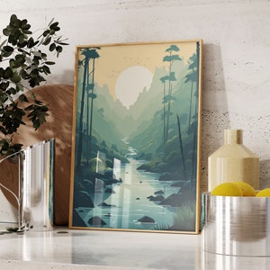 Ruhige japanische Waldlandschaft digitaler Download, hochragender Bambus, Harmonie der Natur, Japandi Art Print, Zen-Wand-Dekor, druckbare Kunst