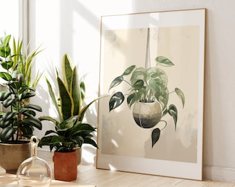 Digital Hanging Pothos Plant Art - Japandi Style Printable, Japanese Garden Botanical Illustration, Zen Living Room Wall Decor Download