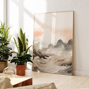 Digitaler Japandi Print Download | Küstenwandkunst | Tusche Ocean Poster | Neutral Home Decor | Abstrakte Natur inspirierte Kunst