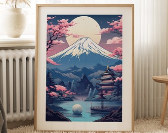 Mount Fuji Art Print | Cherry Blossom Art | Ukiyo-e Style Art | Blue Pink Art | Moonlit Night | Tranquil Sea | Japanese Decor