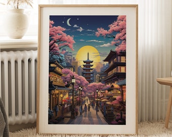 Japan Night Scene Print | Illuminating Moon Art | Japanese Market Art | Ukiyo-e Cityscape | Japanese Print | Vibrant Night Life