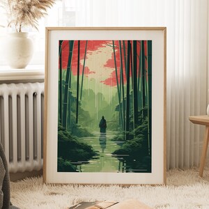 Bamboo Art Print | Ukiyo-e Inspired | Tranquil Bamboo Forest | Green Art | Nature Wall Art Decor