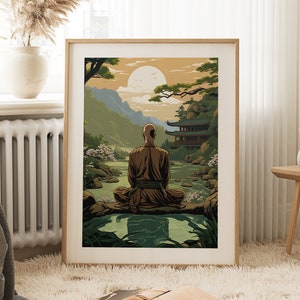 Monje meditando Arte de descarga digital / Jardín Zen inspirado en Ukiyo-e / Escena de meditación pacífica / Arte de pared Zen / Arte de filosofía japonesa