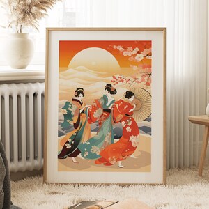 Japanese Art Print | Women in Kimono | Japanese Fan Art | Geisha Art Print | Poster Print Art | Large Wall Art | Bedroom Decor