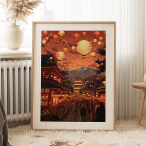 Japanese Lantern Festival Print | Studio Ghibli Inspired Art | Fiery Sky Night | Anime Poster | Ukiyo-e Fantasy Artwork | Japanese Art Print