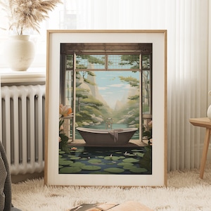 Bathroom Wall Art Print | Bath Tub Print | Japanese Serenity Art | Bathroom Art Decor | Nature Art | Relaxing Wall Art