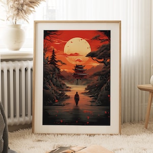 Samurai Digital Descargar Arte Impresión / Ukiyo-e Inspirado / Imágenes de la Nación del Fuego / Samurai a caballo / Cielo de fuego rojo / Árboles de Sakura en flor