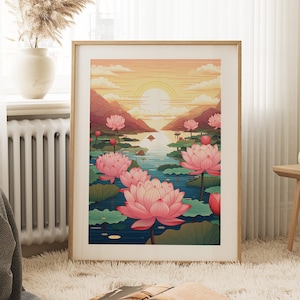 Pobieranie cyfrowe sztuki kwiatu lotosu | Japońska sztuka lotosu | Wydruk sztuki ukiyo-e | Sztuka ścienna z lotosem | Wystrój mieszkania | Plakat kwiatowy