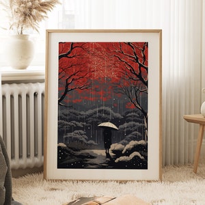 Impresión de descarga digital de arte japonés / Escena de haiku inspirada en Ukiyo-e / Ilustración de dos tonos oscura y cambiante / Momento lluvioso de Sakura