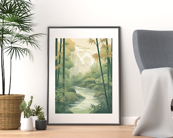 Japanese Bamboo Forest Print, Zen Stream Landscape, Japandi Wall Art, Nature Harmony, Minimalist Decor, Living Room Wall Art