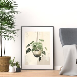 Hanging Pothos Plant Poster, Japandi Wall Art, Japanese Garden Art, Botanical Print, Living Room Decor, Zen Wall Art