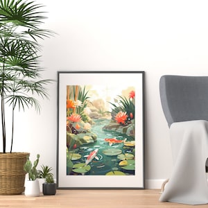 Traditional Japanese Garden Poster, Koi Pond Art, Harmony in Nature, Zen Garden, Aesthetic Room Decor, Japandi Wall Art