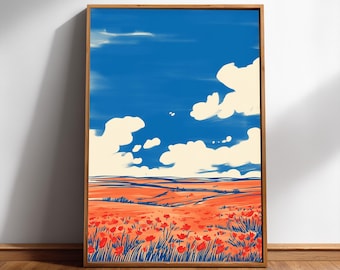 Red Poppy Field Wall Art, Blue Sky Landscape Print, Japanese Style Digital Download
