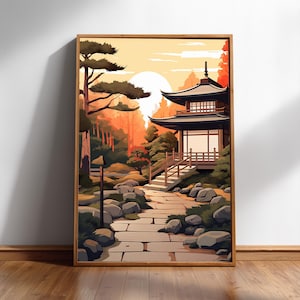 Japanese Tea House Art Print: Stone Pathway, Japandi Zen Garden | Giclée Fine Art, Calming Decor | Multiple Sizes Available