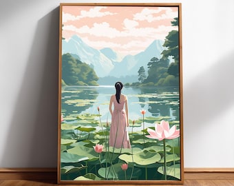 Lotus Flower Print: Tranquil Japanese Ukiyo-e Style - Floral Zen Wall Art, Unframed, Various Dimensions