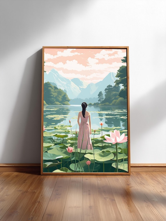 Lotus Flower Print: Tranquil Japanese Ukiyo-e Style - Floral Zen Wall Art, Unframed, Various Dimensions