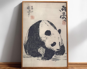 Japanese Panda Ink Block Print, Vintage Woodcut Bear Wall Art, Digital Download