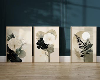 Botanical Wall Art Set: Japanese-Inspired Sage and Beige - Digital Download