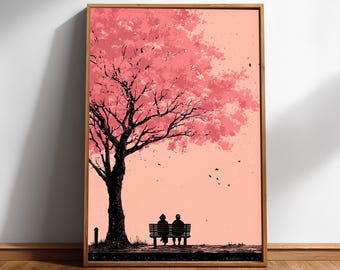 Cherry Blossom Couple Print, Romantic Pink Sky Wall Art, Digital Download