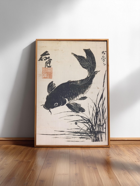 Koi Fish Wall Art Print | Japanese Ink, Vintage Woodblock Style