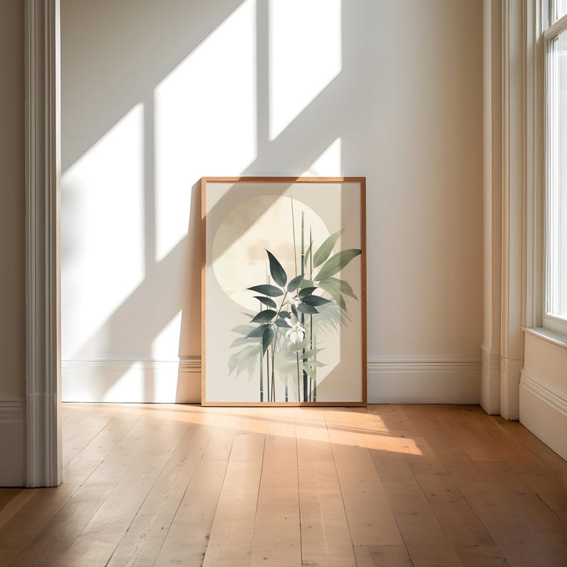 Estampado de tallos de bambú: Obra de arte Sumi-e en verde salvia, tinta de archivo, papel fotográfico brillante / Decoración botánica de pared para una vida tranquila, varios tamaños. imagen 6