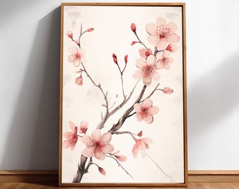 Muurkunst kersenbloesem: zachtroze Japandi-inkt