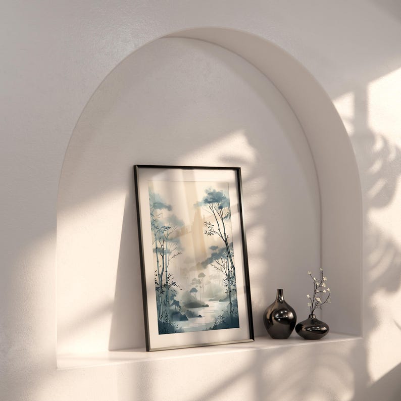 Muurkunst bamboe: kalme zentuin Japanse inkt - Japandi Interior, fine art giclée op premium fotopapier afbeelding 5