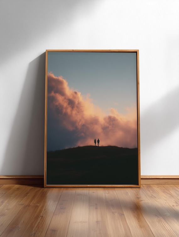 Dusk Silhouette Wall Art Print: Romantic Couple at Coral Sky, Modern Minimalist Aesthetic (Archival Ink, Lustre Paper, Various Sizes)