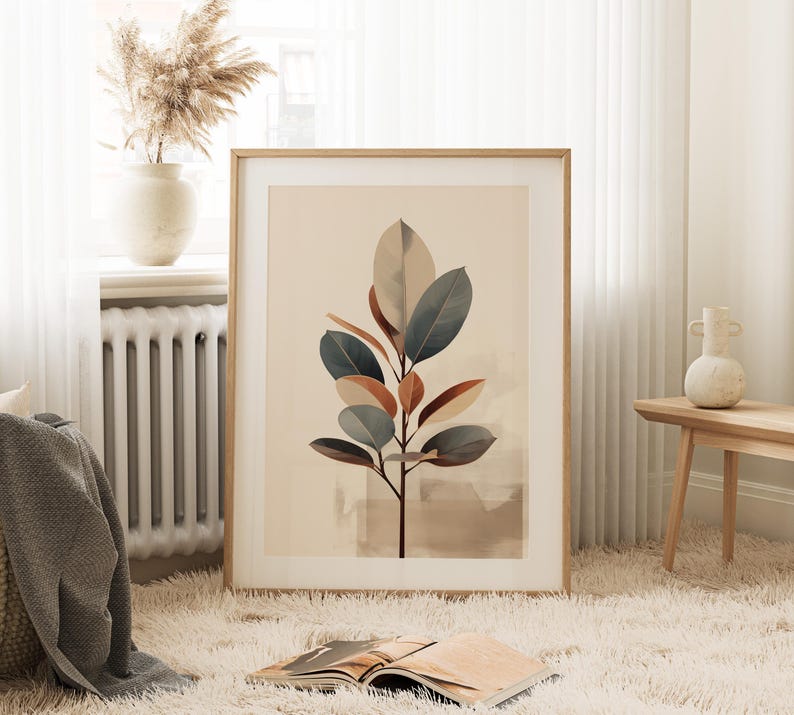 Gummibaum Wand Kunst - Japandi Ink Neutrale, Warme Töne - Archival Ink Print, Glanz Papier, Schlafzimmer und Büro Dekor Bild 2