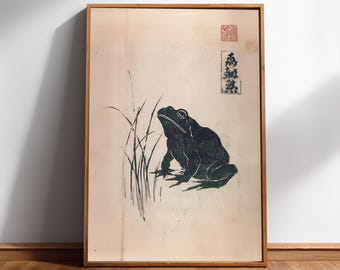 Japanese Frog Print, Vintage Ink Block Woodcut Wall Art, Digital Download